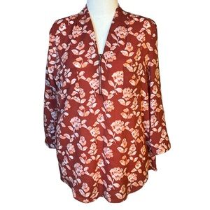 Jaclyn Smith 3/4 Sleeve Half Zip 2 Pocket Blouse XL Brown-Orange Floral 088